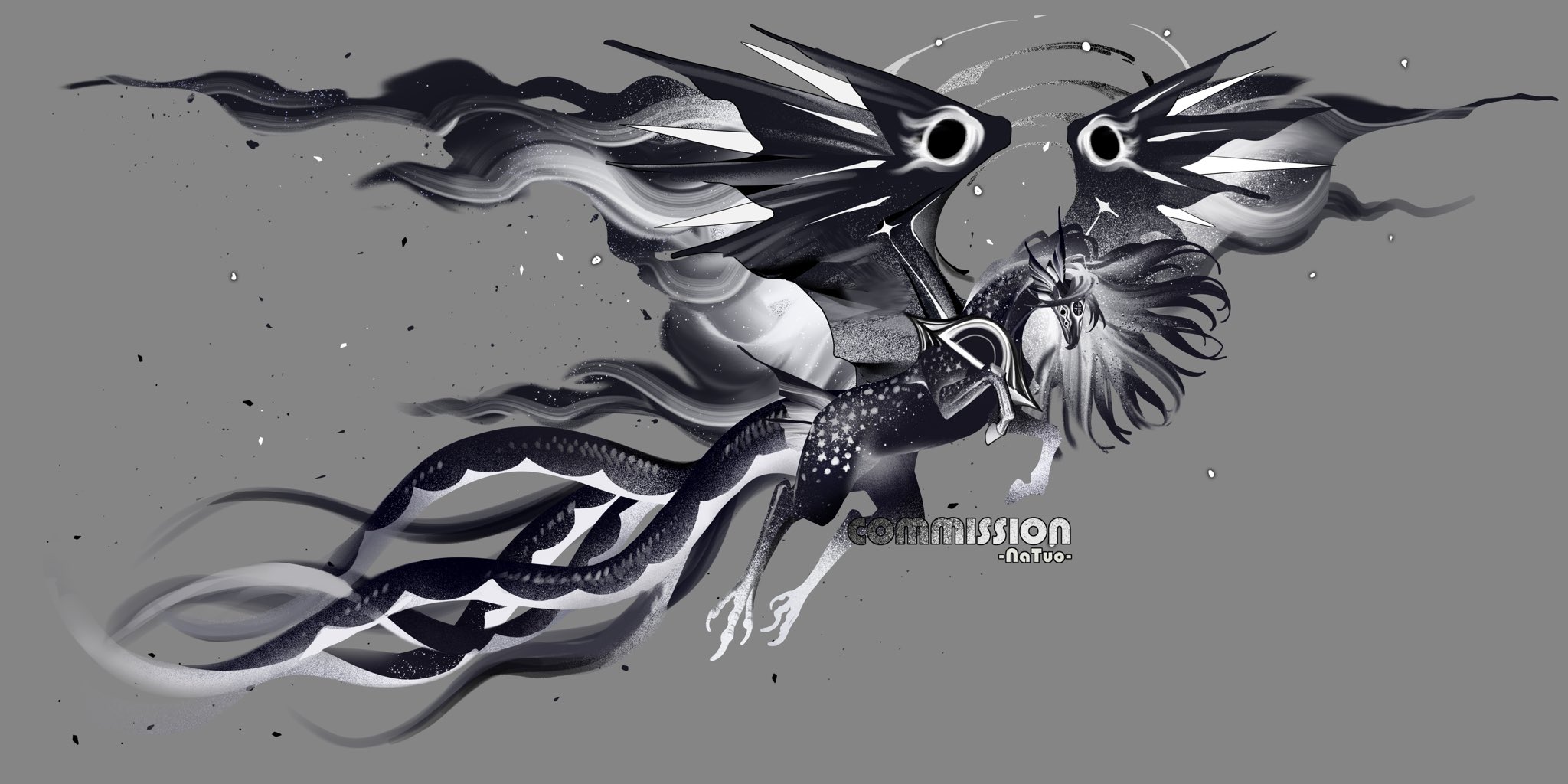 tianlang fenghuo, original, commission, highres, artist name, black eyes, fins, full body, grey background, halo, head fins, hooves, mane, mixed limbs, monster, monster focus, multiple tails, no humans, simple background, tail, talons, wings