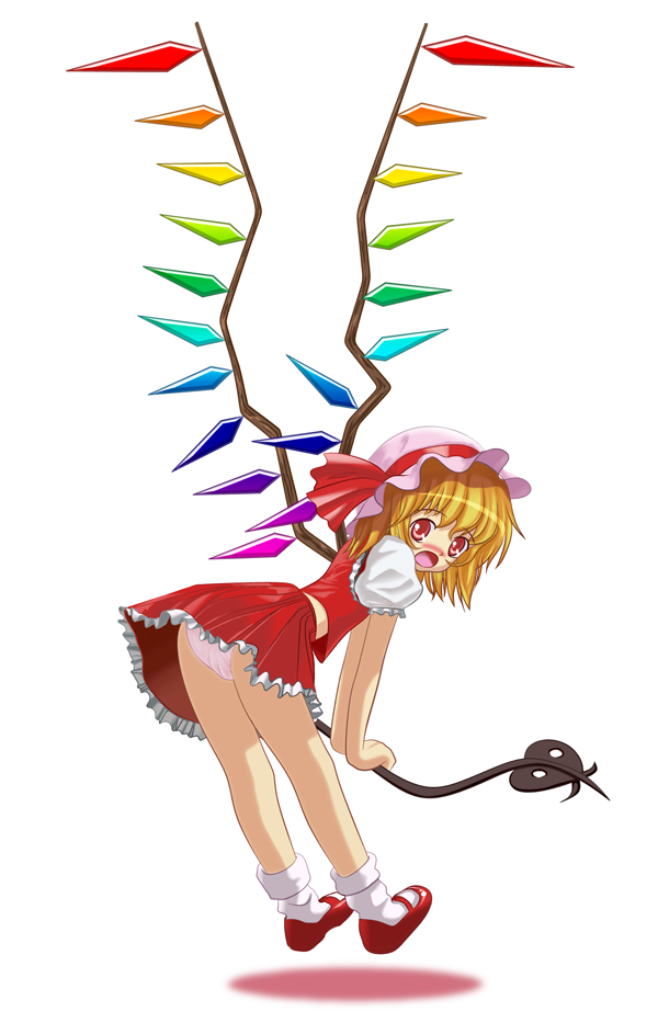 tsutan, flandre scarlet, touhou, 1girl, blonde hair, blush, female focus, full body, hat, laevatein, mary janes, mob cap, panties, pantyshot, pink panties, rainbow order, red skirt, ribbon, shoes, skirt, socks, solo, underwear, upskirt, white background, white socks, wings