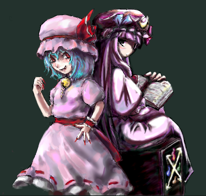 coo (coonekocoo), patchouli knowledge, remilia scarlet, touhou, 2girls, blue hair, book, dress, fang, female focus, hat, long hair, multiple girls, purple hair, wings