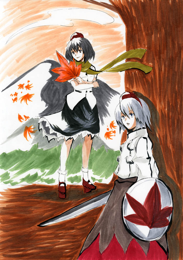 reon (pixiv), reon (saikyou), inubashiri momiji, shameimaru aya, touhou, bad id, bad pixiv id, 2girls, black hair, female focus, full body, hat, multiple girls, outdoors, plant, shield, sky, standing, sword, tree, weapon, white hair, wings