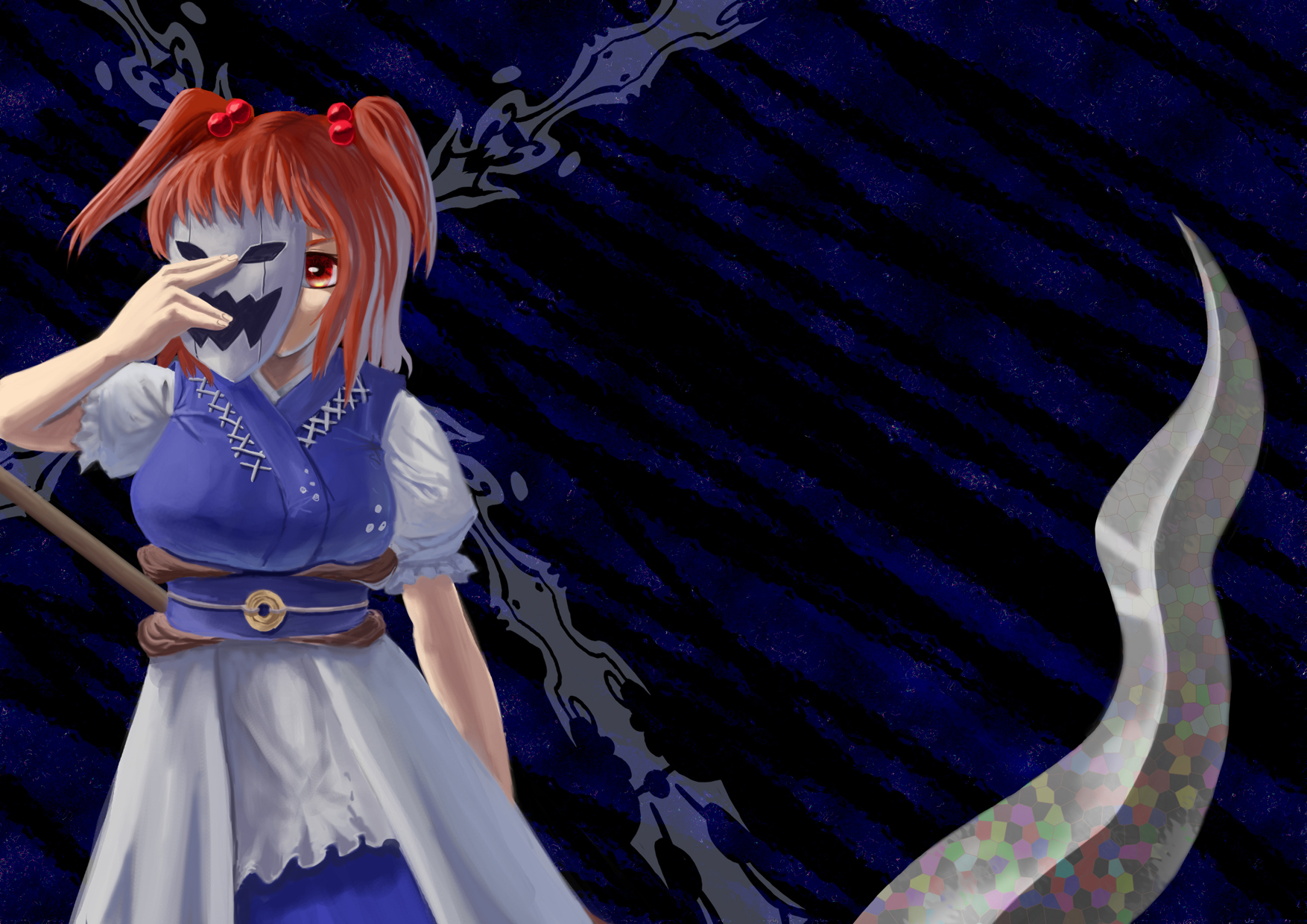 toki (pixiv), onozuka komachi, touhou, bad id, bad pixiv id, highres, 1girl, female focus, mask, red hair, scythe, solo, standing