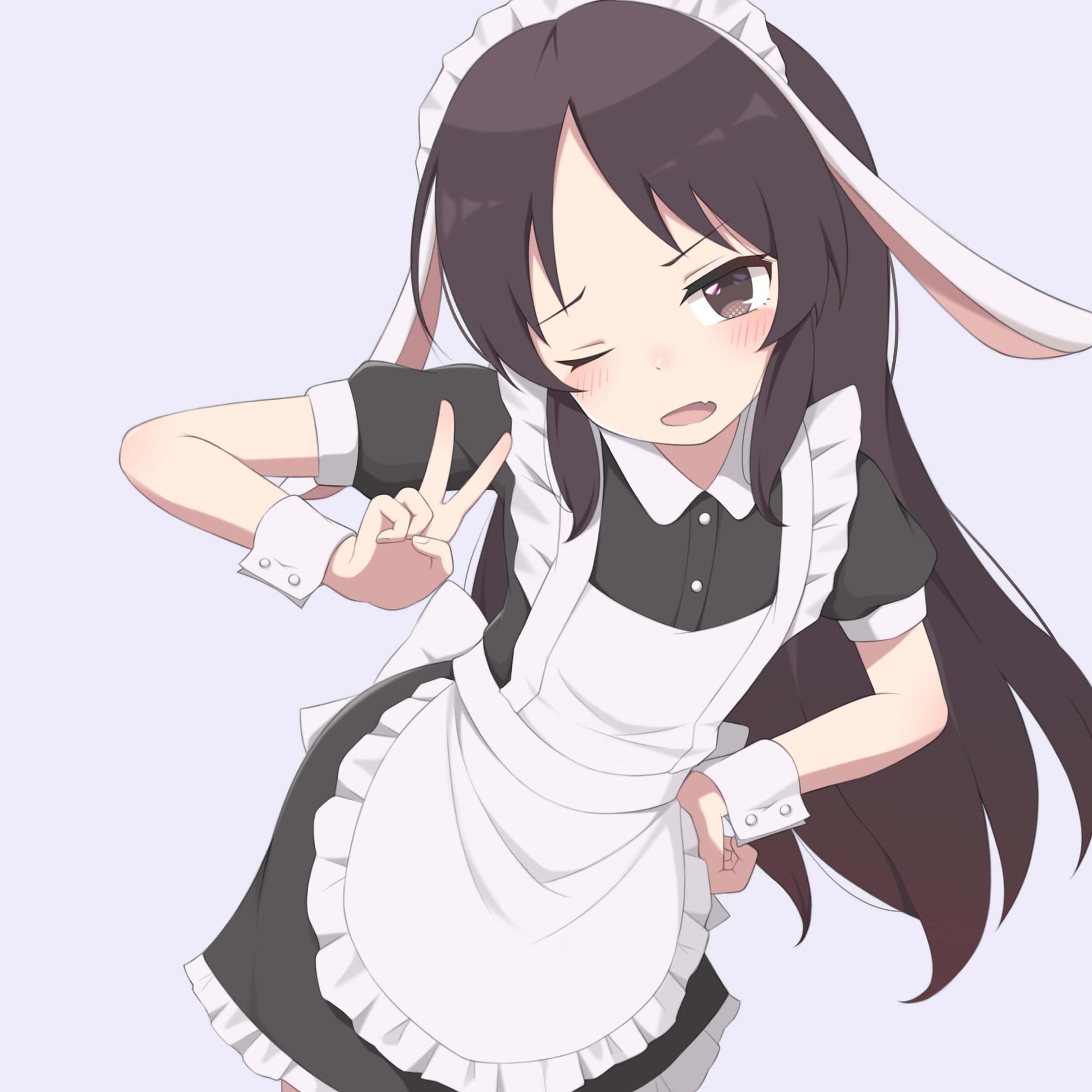 mooramango, tachibana arisu, idolmaster, idolmaster cinderella girls, absurdres, commentary, highres, 1girl, ;o, alternate costume, animal ear hairband, animal ears, apron, black dress, blush, brown hair, collared dress, contrast collar, dress, enmaided, fake animal ears, fang, frilled apron, frills, hairband, long hair, looking at viewer, lop rabbit ears, maid, maid apron, maid headdress, one eye closed, petticoat, rabbit ear hairband, rabbit ears, short sleeves, simple background, skin fang, solo, straight hair, v, very long hair, white apron, wrist cuffs