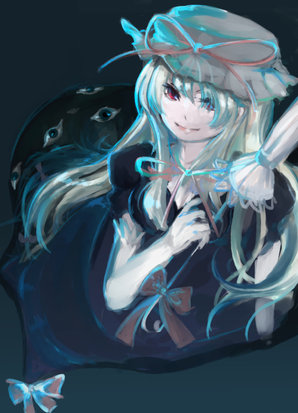 aya (min412), yakumo yukari, touhou, bad id, bad pixiv id, 1girl, blonde hair, female focus, gap (touhou), hat, long hair, ribbon, solo, umbrella