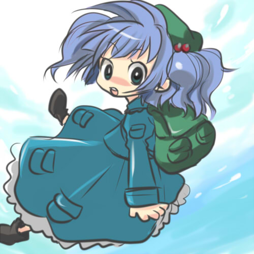 mokku, kawashiro nitori, touhou, bad id, bad pixiv id, lowres, 1girl, backpack, bag, blue hair, chibi, female focus, hair bobbles, hair ornament, hat, randoseru, solo, two side up