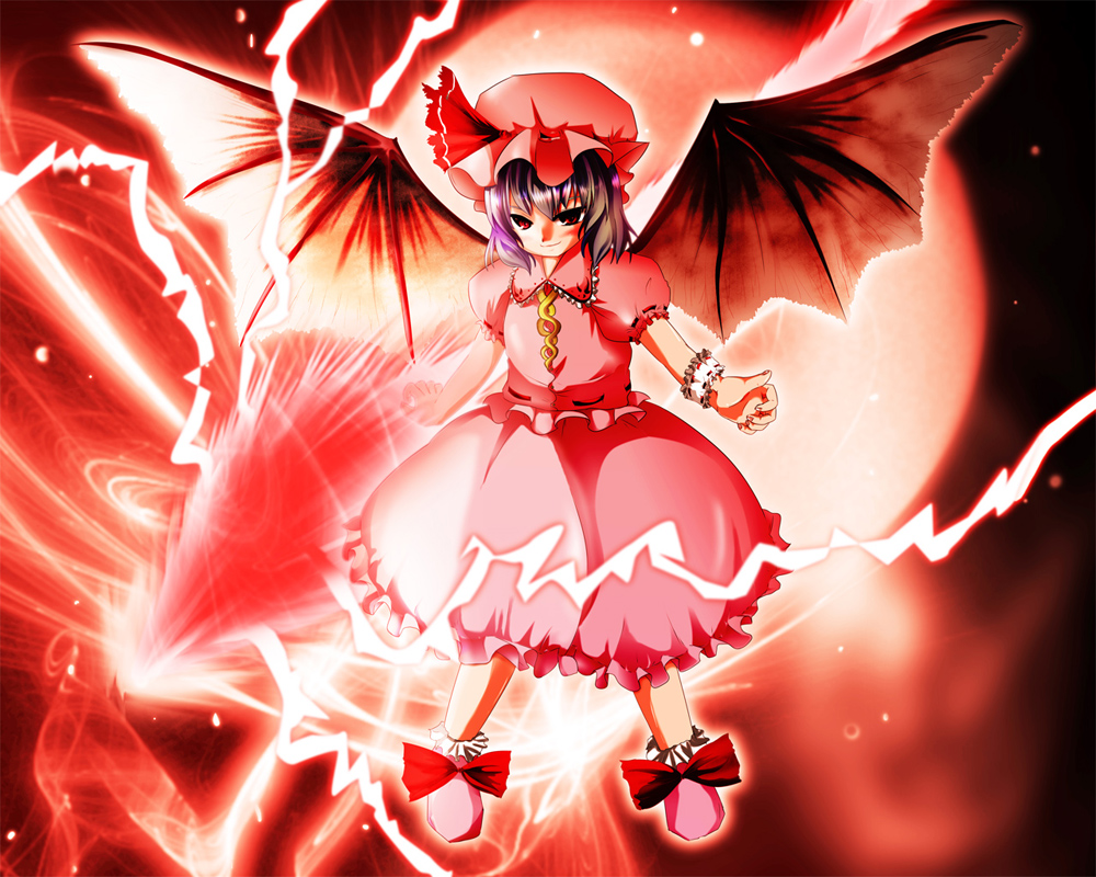 akabashi yuusuke, remilia scarlet, touhou, 1girl, bat wings, female focus, full body, gradient background, hat, outdoors, skirt, sky, solo, wings