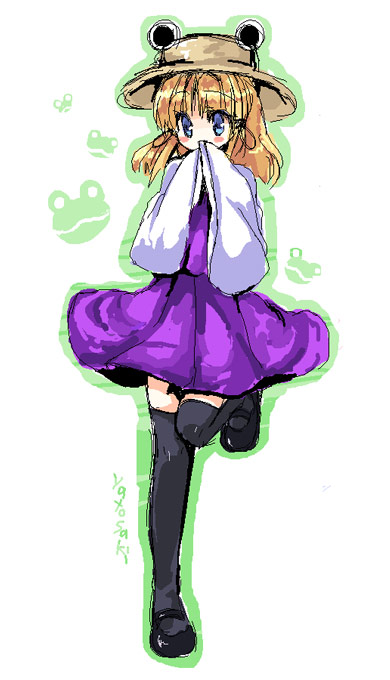 yatosaki haru, moriya suwako, touhou, bad id, bad pixiv id, 1girl, blonde hair, blue eyes, female focus, full body, hat, skirt, solo, thighhighs, white background