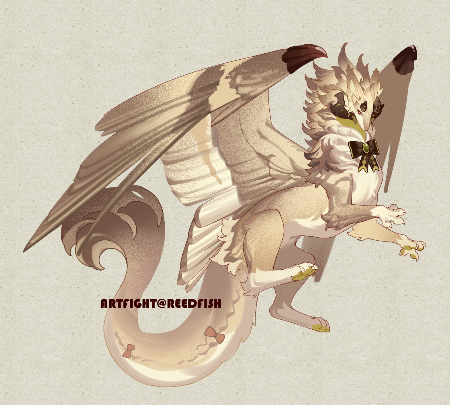 tianlang fenghuo, original, highres, black bow, black bowtie, bow, bowtie, dragon, feathered wings, from side, full body, horns, monster, monster focus, multiple horns, no humans, pawpads, red eyes, simple background, smile, solo, tail, wings, yellow background
