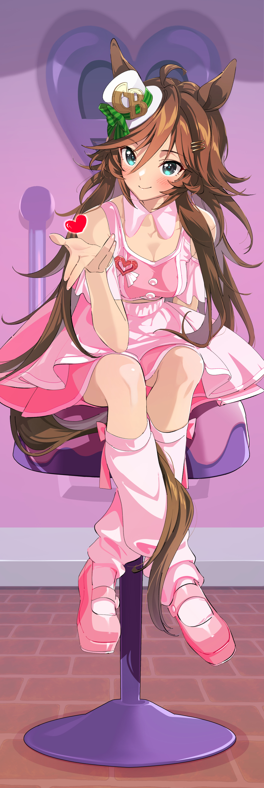 taromarun, mr. c.b. (umamusume), umamusume, absurdres, highres, 1girl, ahoge, animal ears, bare shoulders, blue eyes, blush, breasts, brown hair, cleavage, closed mouth, detached collar, hair between eyes, hair ornament, hairclip, hat, heart, horse ears, horse girl, horse tail, long hair, looking at viewer, loose socks, medium breasts, meni shuki rush-sshu!, midriff peek, mini hat, mini top hat, official alternate costume, on stool, pink shirt, pink shoes, pink skirt, pink socks, shirt, shoes, sitting, skirt, smile, socks, solo, stool, tail, top hat, white hat