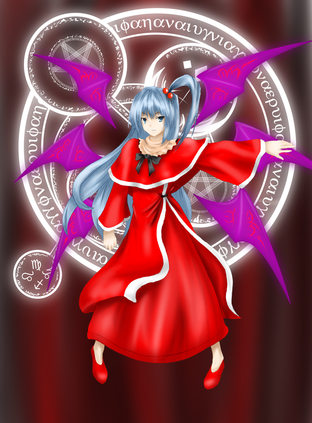 blackwing phoenix, shinki (touhou), mystic square, touhou, touhou (pc-98), bad id, bad pixiv id, 1girl, capelet, female focus, greek text, grey hair, long hair, magic circle, multiple wings, pentagram, side ponytail, solo, wings, zodiac