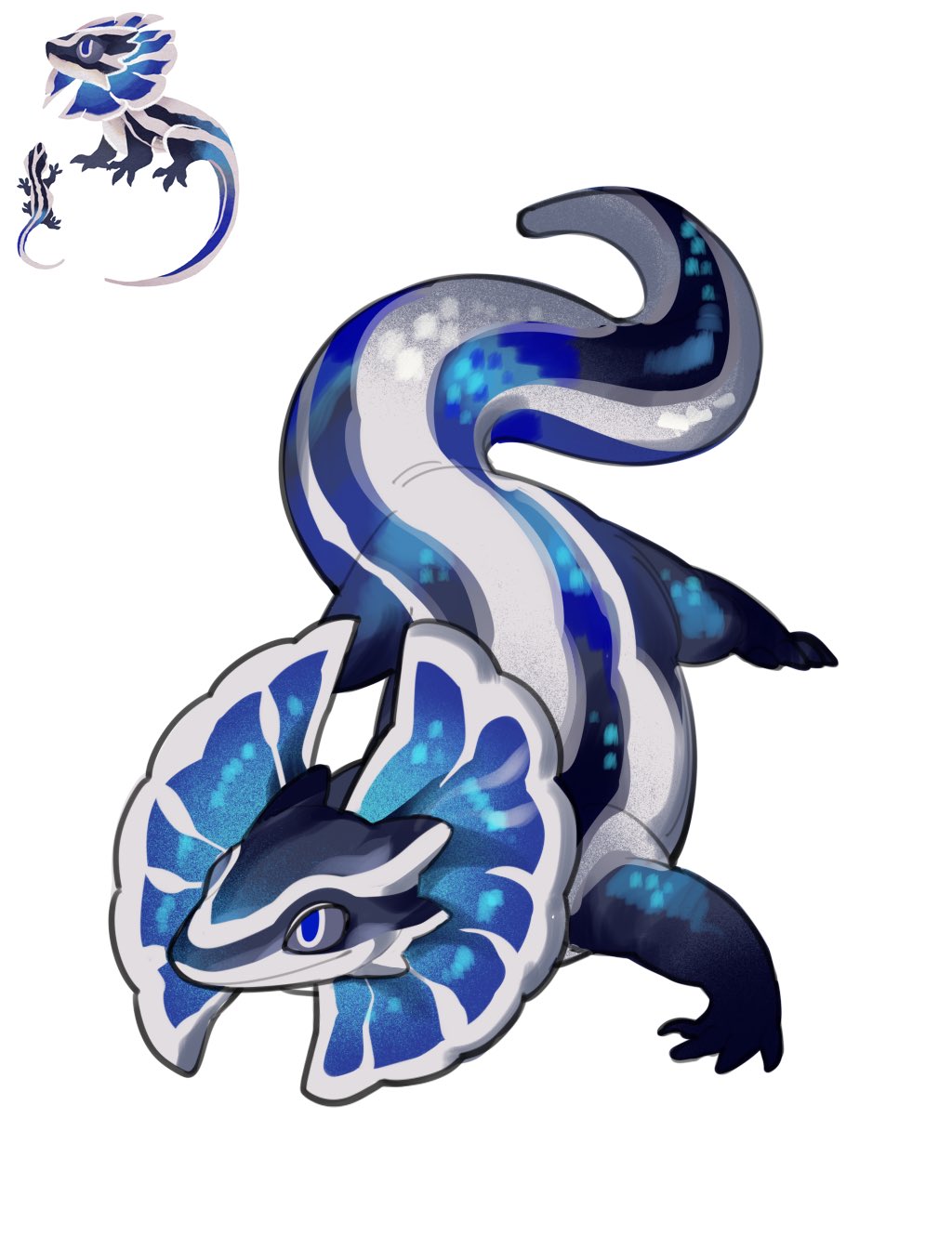 tianlang fenghuo, original, highres, animal focus, blue eyes, colored sclera, creature, full body, grey sclera, lizard, multiple views, no humans, simple background, solo, tail, white background