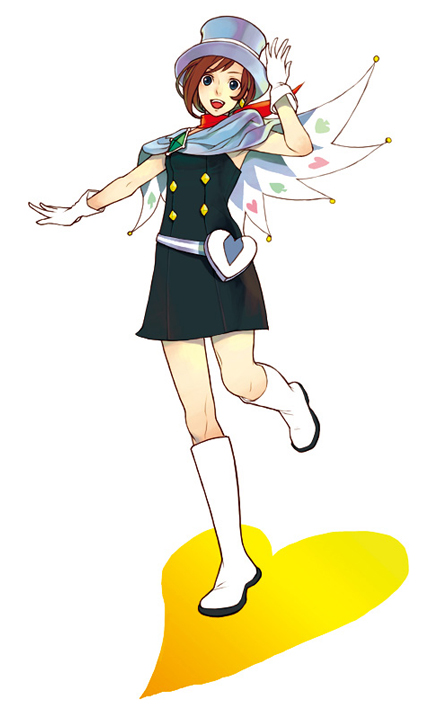 takase (harakiri), trucy wright, ace attorney, apollo justice: ace attorney, capcom, 1girl, armpits, arms up, blue eyes, blue hat, blush, boots, brown hair, cape, dress, fanny pack, female focus, full body, gloves, happy, hat, head tilt, heart, kneehighs, magician, miniskirt, open mouth, outstretched arm, scarf, short hair, simple background, skirt, sleeveless, socks, solo, standing, standing on one leg, top hat, white background, white gloves