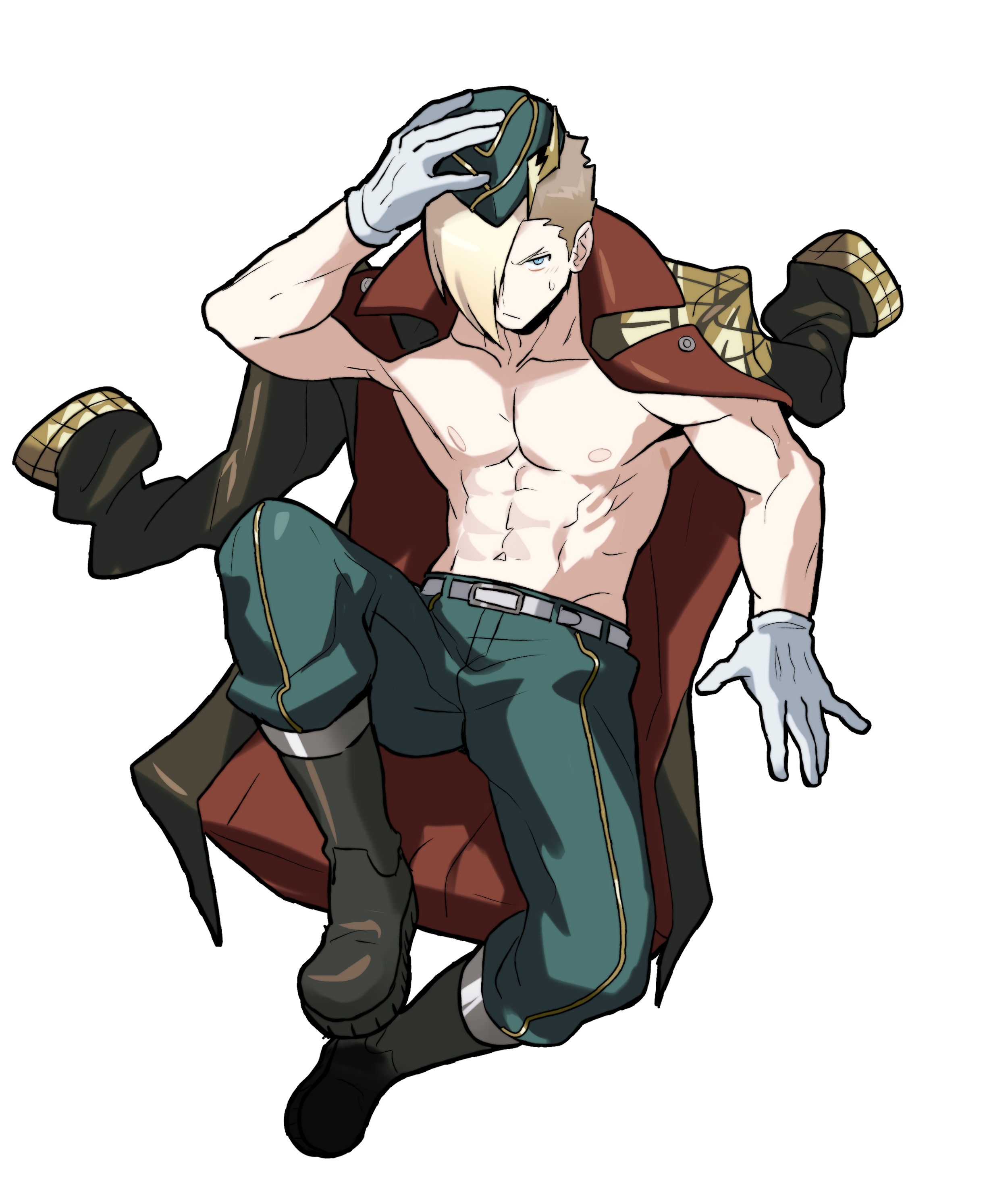 sach56000, ed (street fighter), street fighter, street fighter 6, absurdres, highres, 1boy, :/, abs, black boots, black coat, blonde hair, blue eyes, blue pants, boots, closed mouth, coat, coat on shoulders, full body, gloves, groin, hair over one eye, hat, knee up, long sleeves, male focus, navel, nipples, official alternate costume, one eye covered, pants, pectorals, short hair, simple background, sitting, solo, sweatdrop, toned, toned male, topless male, two-sided coat, two-sided fabric, white background, white gloves