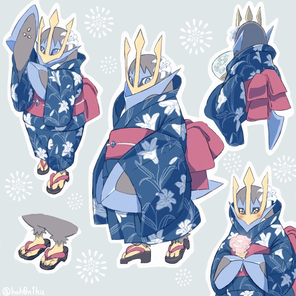 bellbird4705, empoleon, nintendo, pokemon, animal focus, bird, blue eyes, blue kimono, clothed pokemon, floral print, floral print kimono, flower, full body, gen 4 pokemon, hair flower, hair ornament, hand fan, holding, holding fan, holding ice cream cone, ice cream cone, japanese clothes, kimono, looking at viewer, no humans, obi, penguin, pokemon (creature), pokemon focus, print kimono, red sash, sandals, sash