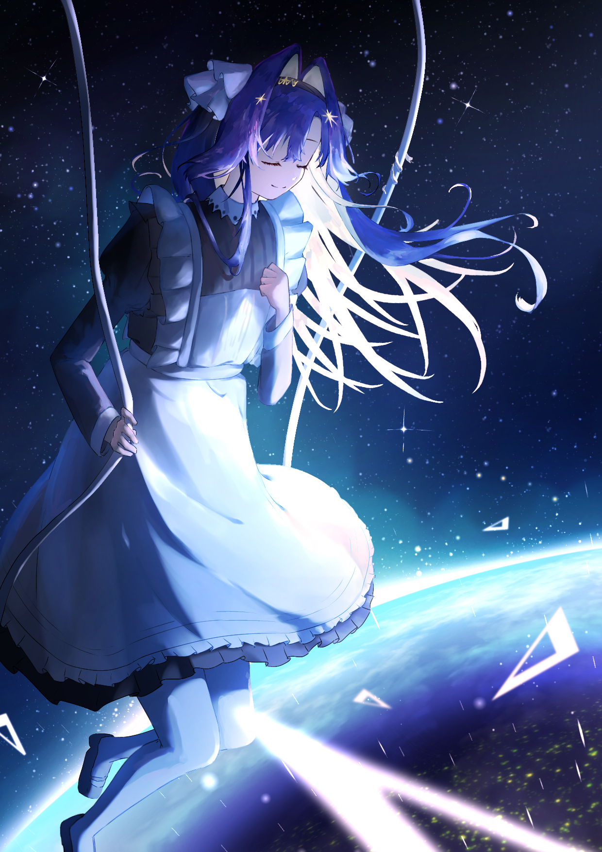 voyager (reverse:1999), reverse:1999, highres, 1girl, apron, black dress, black hairband, black shoes, blonde hair, blue hair, clenched hand, closed eyes, closed mouth, colored inner hair, dress, floating hair, frilled apron, frills, full body, hair intakes, hair ornament, hairband, hand up, juliet sleeves, long hair, long sleeves, manaringo23, multicolored hair, pantyhose, planet, puffy sleeves, school uniform, shoes, short dress, smile, solo, soviet school uniform, space, star (sky), star (symbol), star hair ornament, triangle, very long hair, white apron, white pantyhose, zero gravity