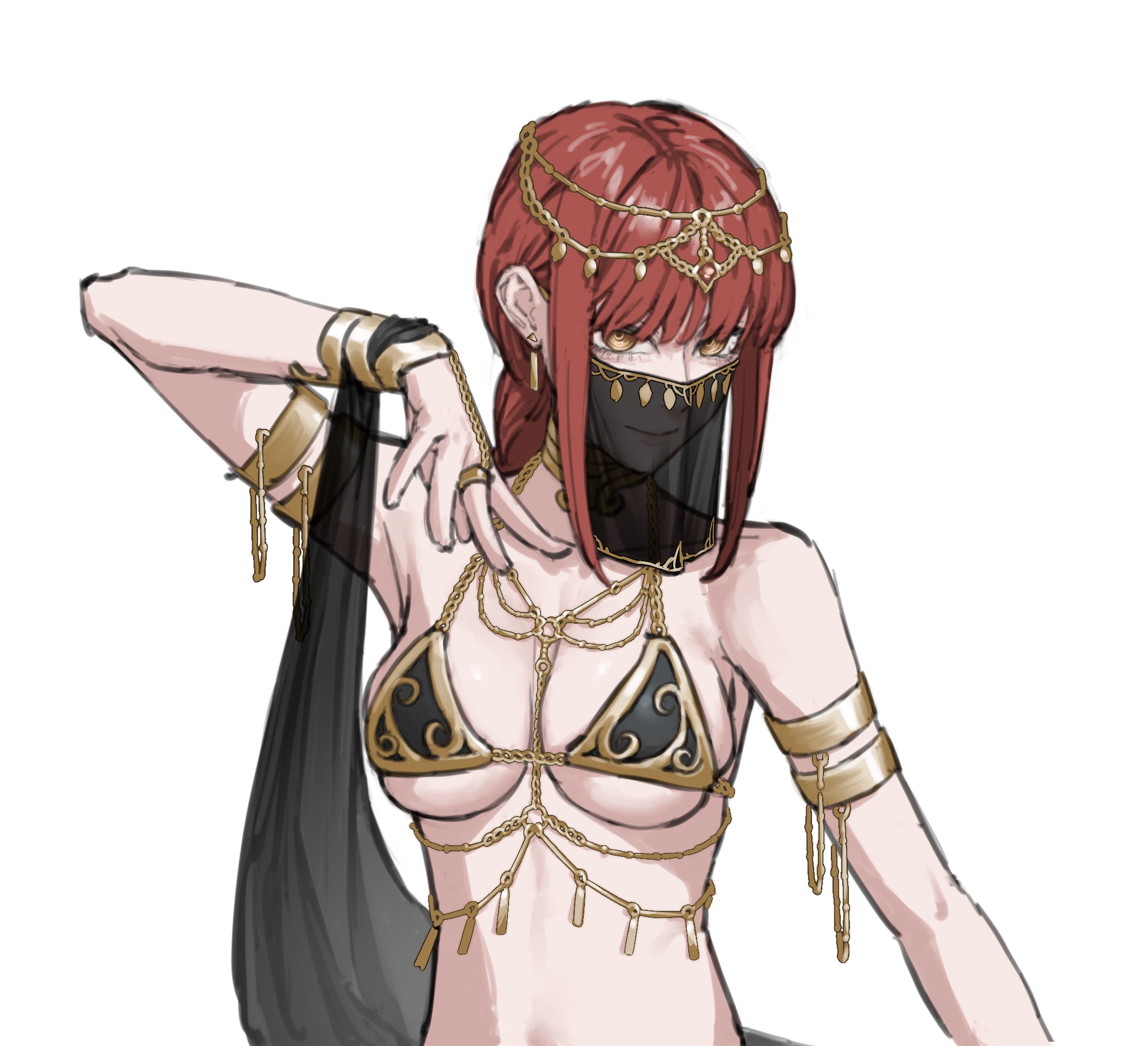 sheeta (sheetavn), makima (chainsaw man), chainsaw man, gold armlet, highres, 1girl, alternate costume, bikini, black bikini, breasts, chain, earrings, gold chain, harem outfit, jewelry, long hair, looking at viewer, medium breasts, mouth veil, red hair, ringed eyes, sidelocks, simple background, smile, solo, swimsuit, veil, white background, yellow eyes