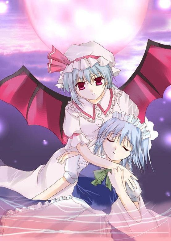 izayoi sakuya, remilia scarlet, touhou, 2girls, blue hair, dress, female focus, gradient background, hat, maid, multiple girls, outdoors, ribbon, sky, sleeping, wings