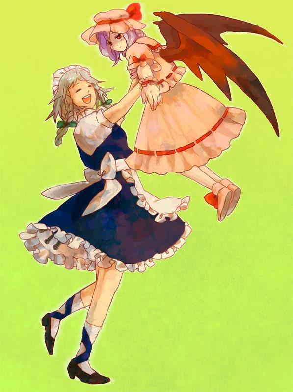 izayoi sakuya, remilia scarlet, touhou, 2girls, blue hair, braid, female focus, from side, full body, green background, happy, hat, lifting person, maid, mob cap, multiple girls, ribbon, side braid, simple background, socks, standing, standing on one leg, twin braids, wings
