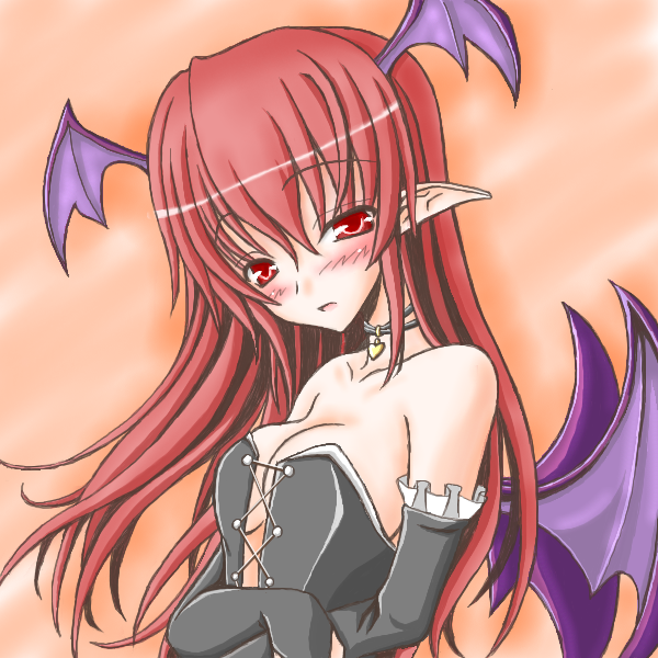 koakuma, embodiment of scarlet devil, touhou, 1girl, bare shoulders, blush, breasts, cleavage, female focus, gradient background, head wings, long hair, red hair, solo, upper body, wings