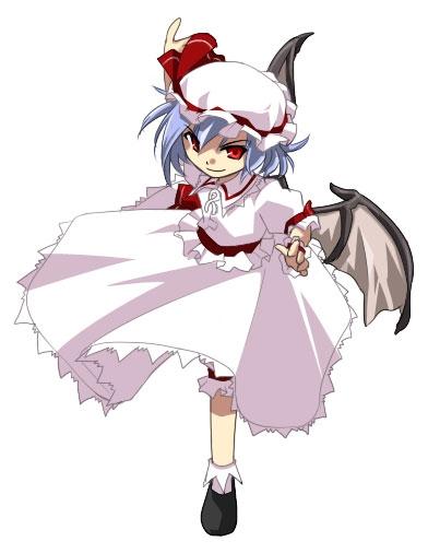 remilia scarlet, touhou, 1girl, blue hair, female focus, full body, hat, red eyes, ribbon, simple background, solo, white background, wings