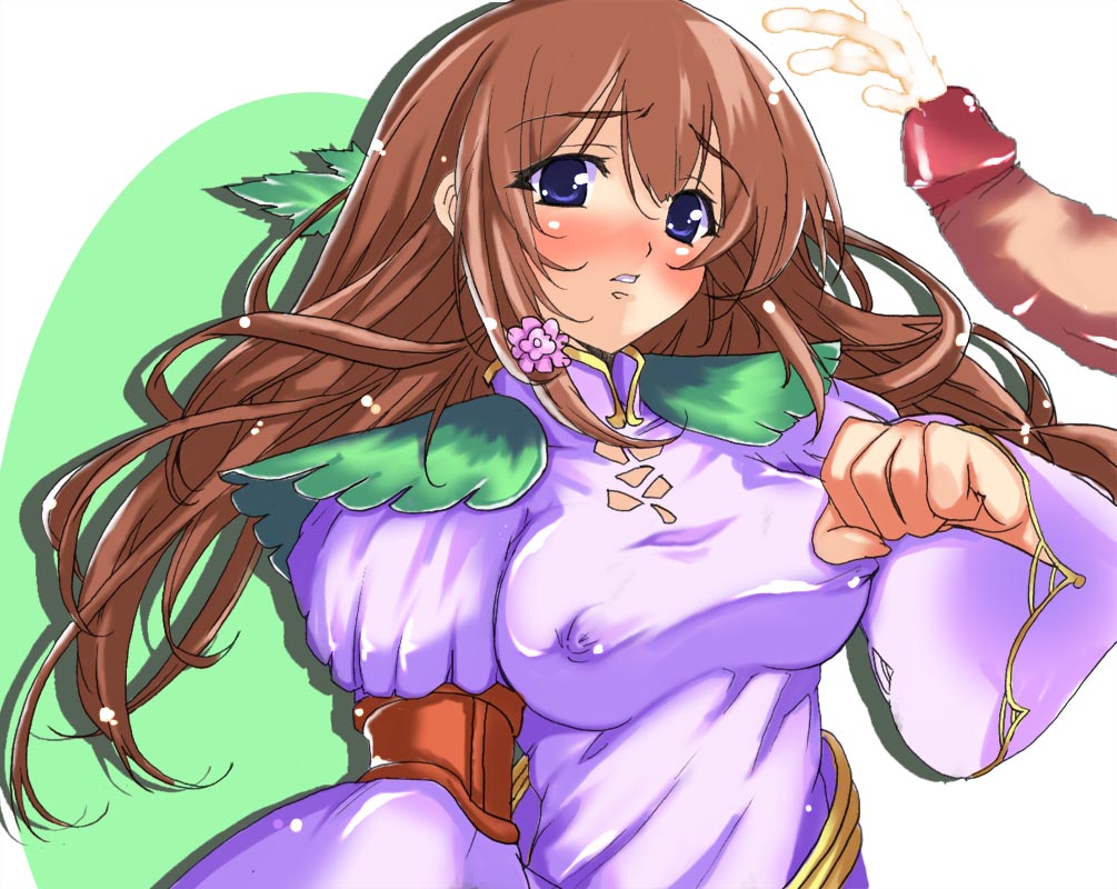 ritzia, seiken densetsu, seiken densetsu 4, 1girl, blue eyes, blush, breasts, brown hair, covered erect nipples, cum, dawn of mana, dress, flower, large breasts, long hair, penis, solo focus, uncensored