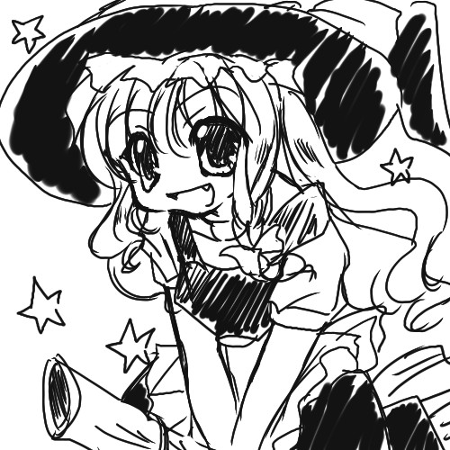kaze tsuki, kirisame marisa, touhou, bad id, bad pixiv id, lowres, 1girl, fang, female focus, greyscale, hat, monochrome, solo, witch, witch hat