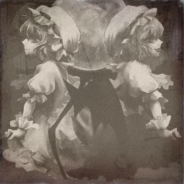 shio (kuroame), flandre scarlet, remilia scarlet, touhou, bad id, bad pixiv id, 2girls, bat wings, female focus, monochrome, multiple girls, sepia, siblings, sisters, wings