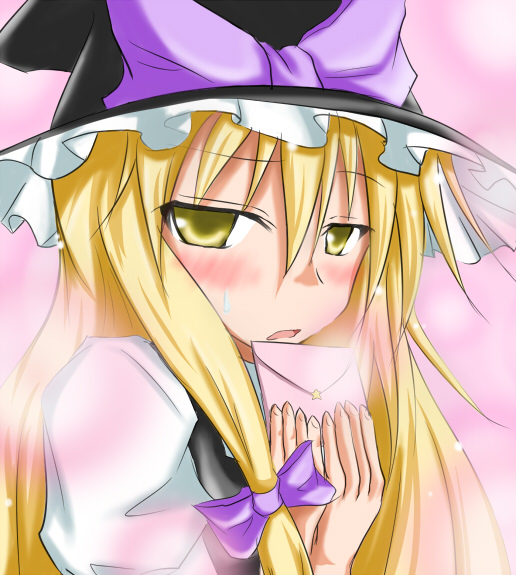 kirino souya, souya, kirisame marisa, touhou, bad id, bad pixiv id, 1girl, blonde hair, blush, female focus, gradient background, hat, letter, solo, upper body, witch, witch hat, yellow eyes