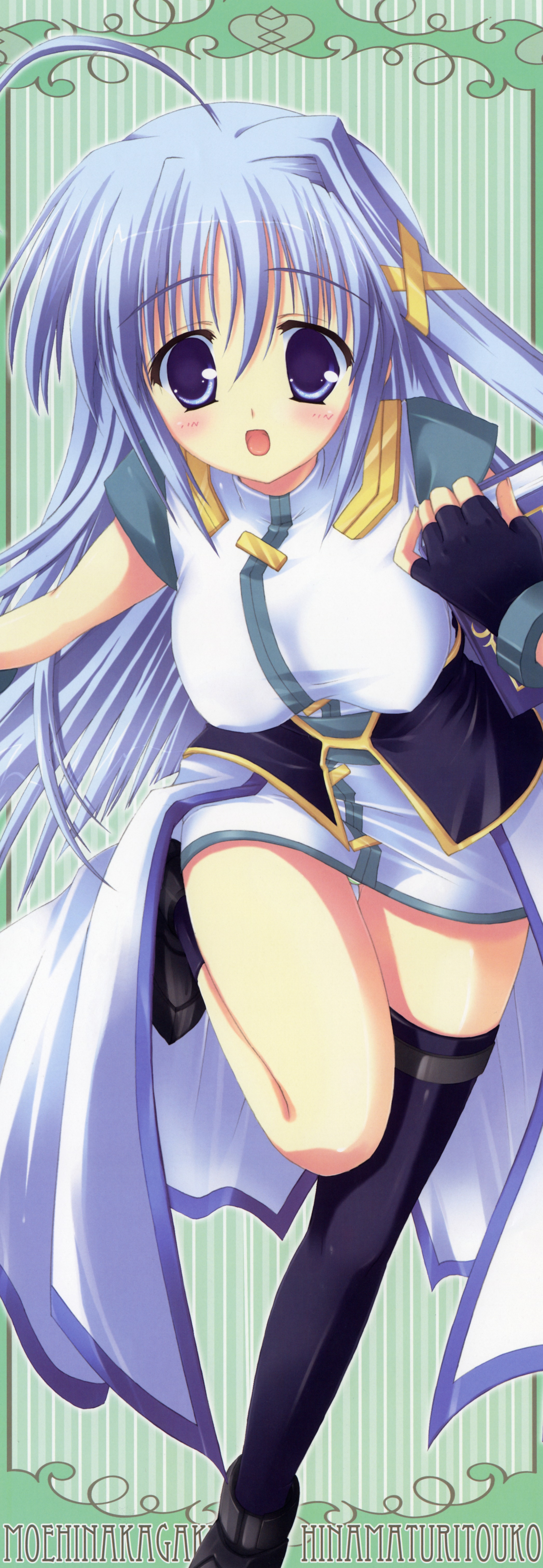 book of the azure sky, reinforce zwei, lyrical nanoha, mahou shoujo lyrical nanoha, mahou shoujo lyrical nanoha a's, mahou shoujo lyrical nanoha strikers, absurdres, highres, long image, tall image, 00s, 1girl, ahoge, asymmetrical clothes, asymmetrical legwear, black thighhighs, blue eyes, blue hair, blush, book, breasts, female focus, fingerless gloves, gloves, hair ornament, large breasts, long hair, magical girl, matching hair/eyes, open mouth, single thighhigh, solo, stick poster, thighhighs, uneven legwear, waist cape, x hair ornament