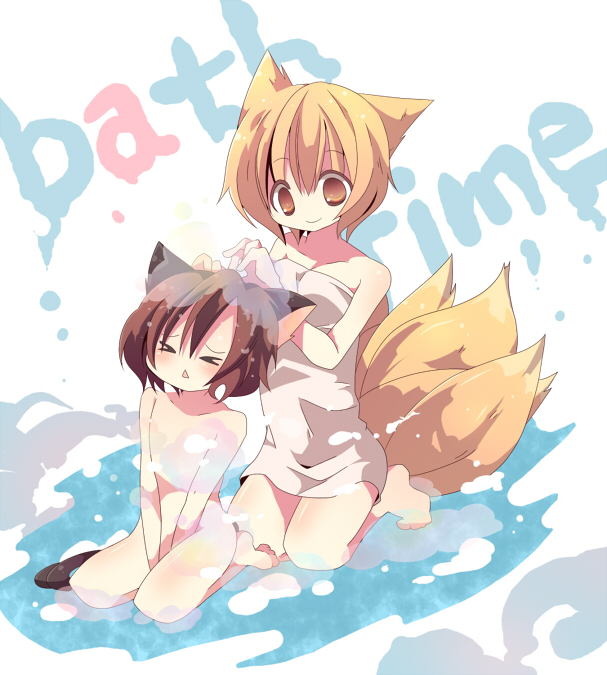 ana (rznuscrf), chen, yakumo ran, touhou, > <, 2girls, animal ears, bare shoulders, bath, blonde hair, brown hair, cat ears, cat girl, cat tail, closed eyes, completely nude, english text, female focus, fox tail, loli, multiple girls, multiple tails, naked towel, nude, same-sex bathing, shared bathing, short hair, smile, tail, towel, v arms, yellow eyes