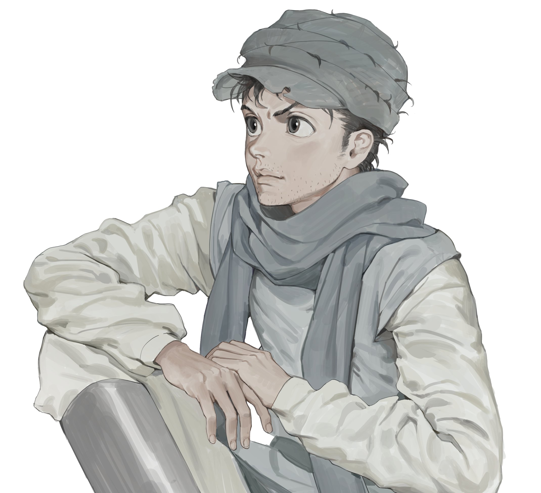 ging freecss, hunter x hunter, highres, 1boy, arm on own leg, beard stubble, black hair, facial hair, hat, kurutttt, lips, long sleeves, male focus, nose, short hair, sideburns, simple background, solo, stubble, white background