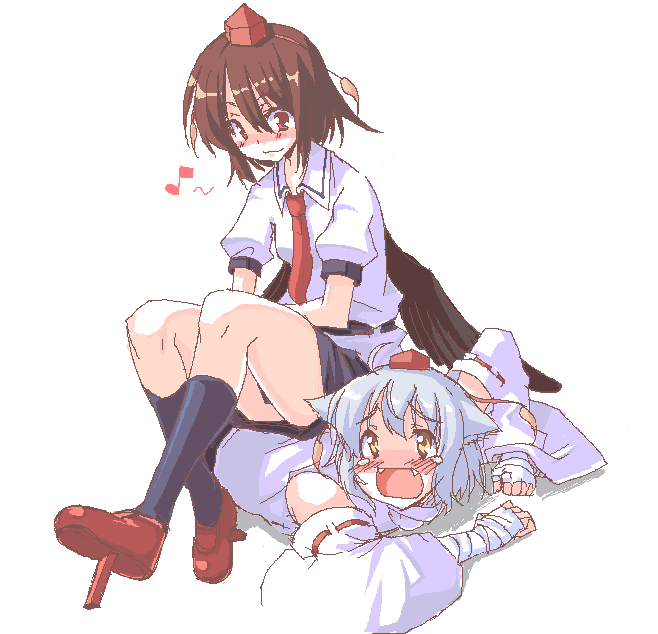 a utopia, hirase yuu, inubashiri momiji, shameimaru aya, touhou, 2girls, :3, animal ears, bandages, black wings, blush, brown hair, fangs, female focus, geta, hat, human chair, human furniture, multiple girls, musical note, oekaki, open mouth, quaver, red eyes, short hair, simple background, sitting, sitting on person, teardrop, tengu-geta, tokin hat, white background, white hair, wings, wolf ears, yellow eyes