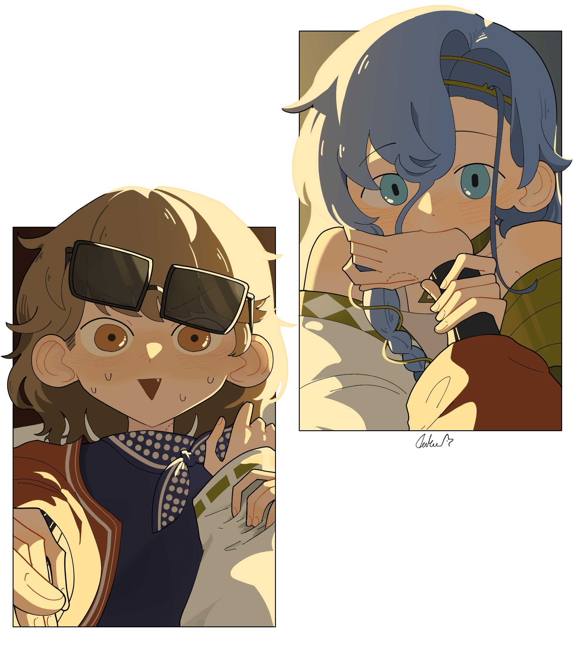 daku k, 37 (reverse:1999), regulus (reverse:1999), reverse:1999, highres, 2girls, :d, ancient greek clothes, bare shoulders, bite mark, biting, biting another's hand, blue dress, blue eyes, blue hair, blue neckerchief, border, brown hair, dress, eyewear on head, fang, greco-roman clothes, hair between eyes, hand on another's shoulder, holding another's wrist, jacket, long hair, looking at viewer, multiple girls, neckerchief, open mouth, orange eyes, outside border, polka dot neckerchief, portrait, red jacket, short hair, sidelighting, smile, sunglasses, sweat, toga, white border