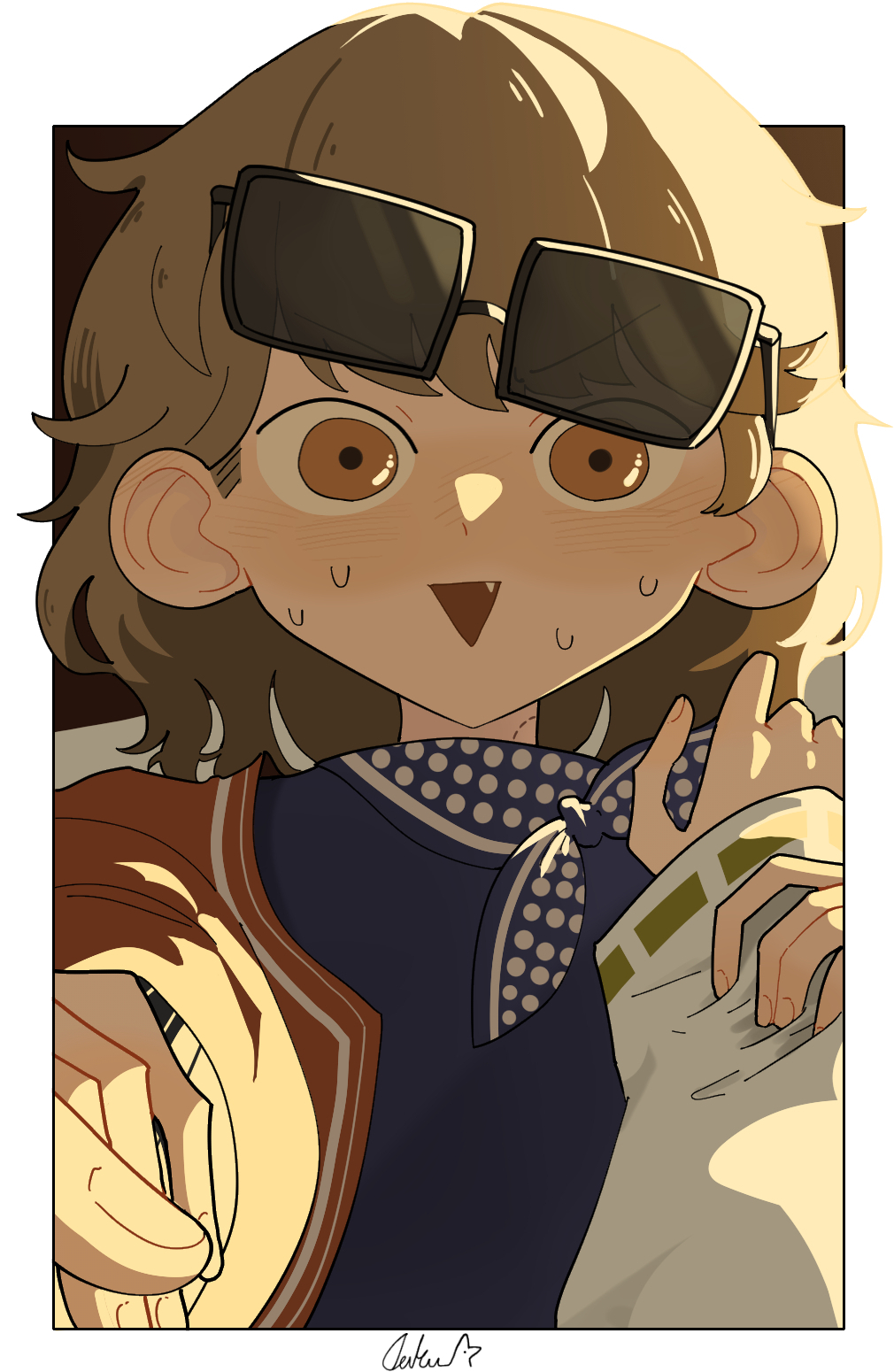 daku k, 37 (reverse:1999), regulus (reverse:1999), reverse:1999, highres, 2girls, :d, blue dress, blue neckerchief, border, brown hair, dress, eyewear on head, fang, hand on another's shoulder, holding another's wrist, jacket, looking at viewer, multiple girls, neckerchief, open mouth, orange eyes, outside border, polka dot neckerchief, portrait, pov, pov hands, red jacket, short hair, sidelighting, smile, solo focus, sunglasses, sweat, white border
