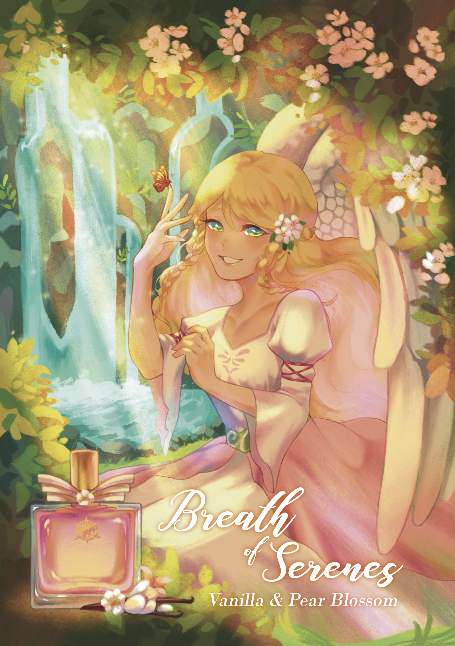 halapokok, leanne (fire emblem), fire emblem, fire emblem: radiant dawn, nintendo, absurdres, highres, 1girl, angel wings, bird, blonde hair, bottle, feathered wings, green eyes, heron, long hair, looking at viewer, perfume bottle, smile, solo, white wings, wings