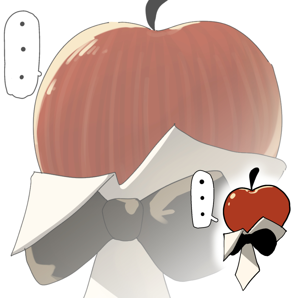 daku k, apple (reverse:1999), reverse:1999, …, apple, black bow, black bowtie, bow, bowtie, food, fruit, no humans, object focus, speech bubble, spoken ellipsis, still life, traditional bowtie, white background, zoom layer