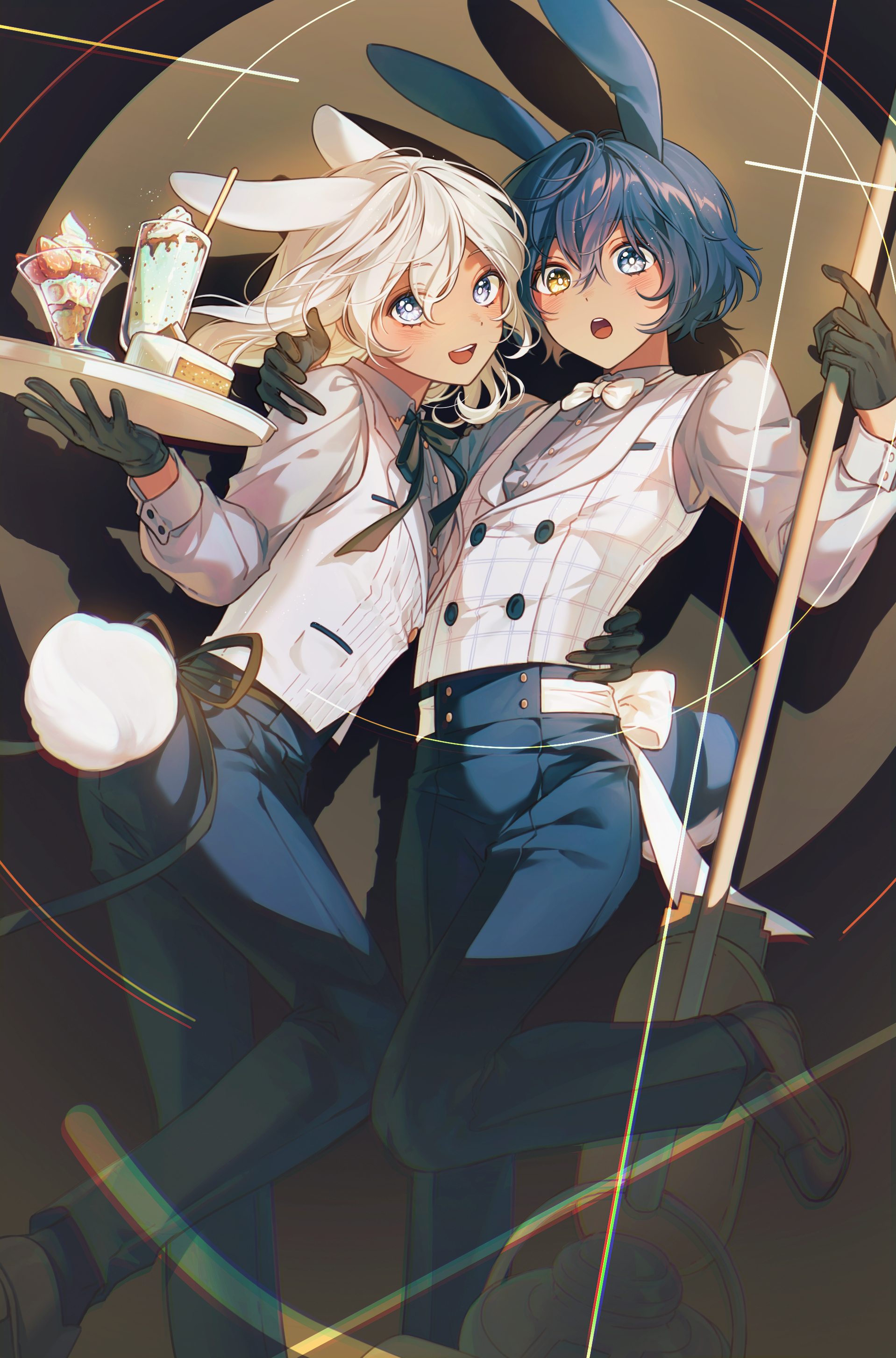 lella nyam, protagonist (metaphor: refantazio), the prince (metaphor: refantazio), metaphor: refantazio, absurdres, commentary, highres, 2boys, animal ears, arm around shoulder, arm around waist, arm up, black gloves, black ribbon, black shoes, blue eyes, blue hair, blue pants, blush, bow, bowtie, cake, cake slice, collared shirt, desert, dot nose, double-parted bangs, floating hair, food, gloves, grey shirt, heterochromia, lapels, male focus, milkshake, multiple boys, neck ribbon, pants, parfait, patterned clothing, rabbit boy, rabbit ears, rabbit tail, ribbon, shirt, shoes, short hair, sleeve cuffs, smile, standing, standing on one leg, tail, teeth, upper teeth only, vest, white bow, white bowtie, white hair, white vest, yellow eyes