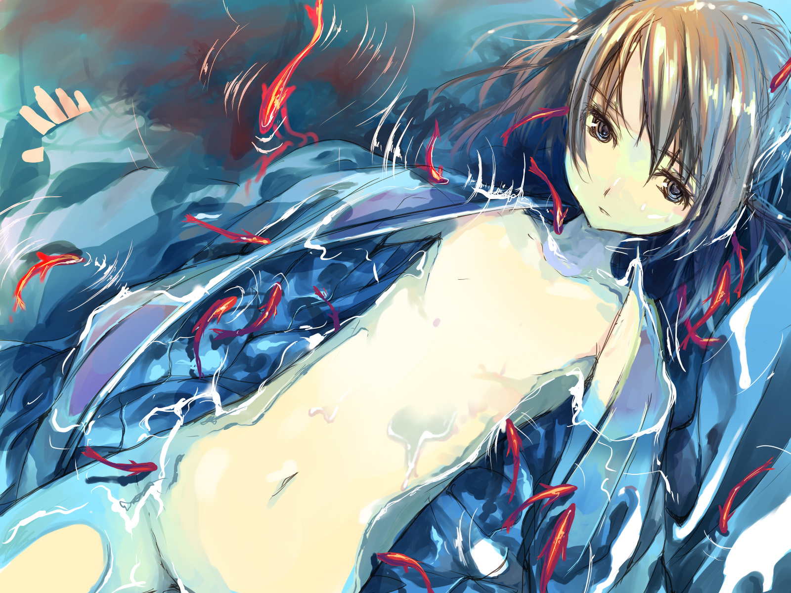 kaimuari, bad id, bad pixiv id, highres, 1girl, brown hair, female focus, fish, flat chest, goldfish, japanese clothes, kimono, long hair, lying, no panties, open clothes, solo, water
