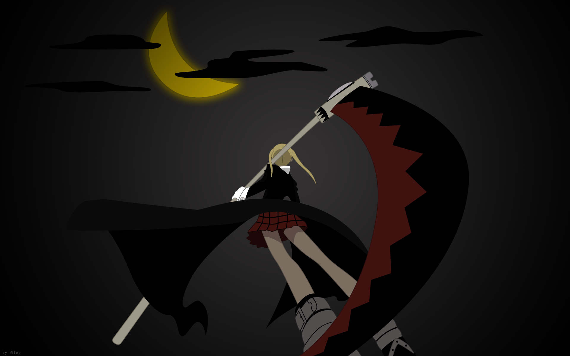 maka albarn, soul evans, soul eater, highres, 00s, 1girl, boots, cloud, female focus, gloves, jacket, long coat, moon, night, plaid clothes, plaid skirt, scythe, skirt, standing, twintails, weapon, white gloves