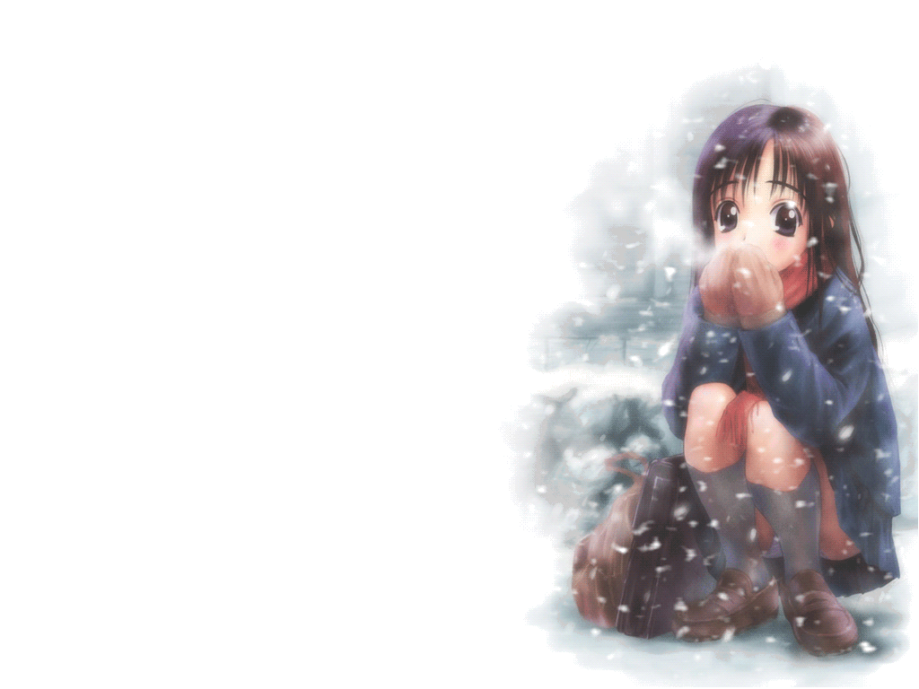 goto p, animated, animated gif, 1girl, bag, breath, brown hair, cold, female focus, gloves, long hair, panties, pantyshot, scarf, skirt, snow, socks, solo, squatting, underwear, upskirt