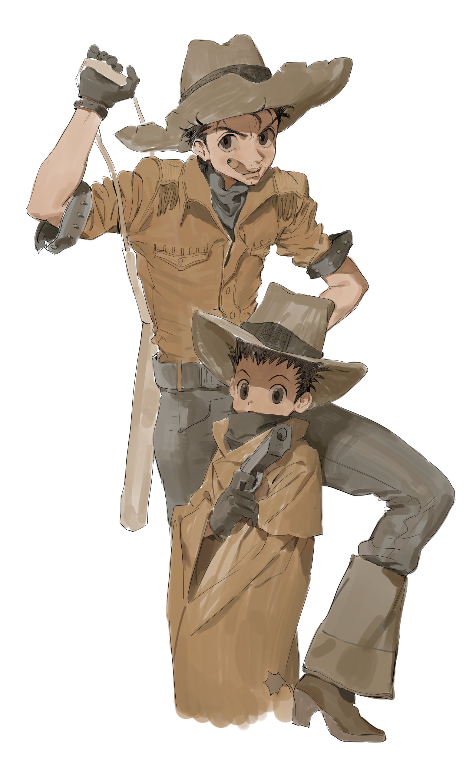 ging freecss, gon freecss, hunter x hunter, absurdres, commentary request, highres, 2boys, alternate costume, black gloves, black hair, black pants, boots, cigar, cowboy, cowboy boots, cowboy hat, cowboy western, father and son, gloves, gun, hat, holding, holding gun, holding weapon, kurutttt, male focus, multiple boys, pants, short hair, simple background, weapon, western, white background