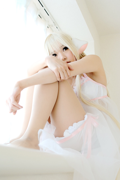 kipi-san, chii, chobits, photo (medium), 1girl, asian, bare shoulders, blonde hair, bloomers, breasts, brown eyes, chii (cosplay), cosplay, female focus, hugging own legs, indoors, long hair, no shoes, sidelocks, sitting, small breasts, solo, underwear, window, windowsill