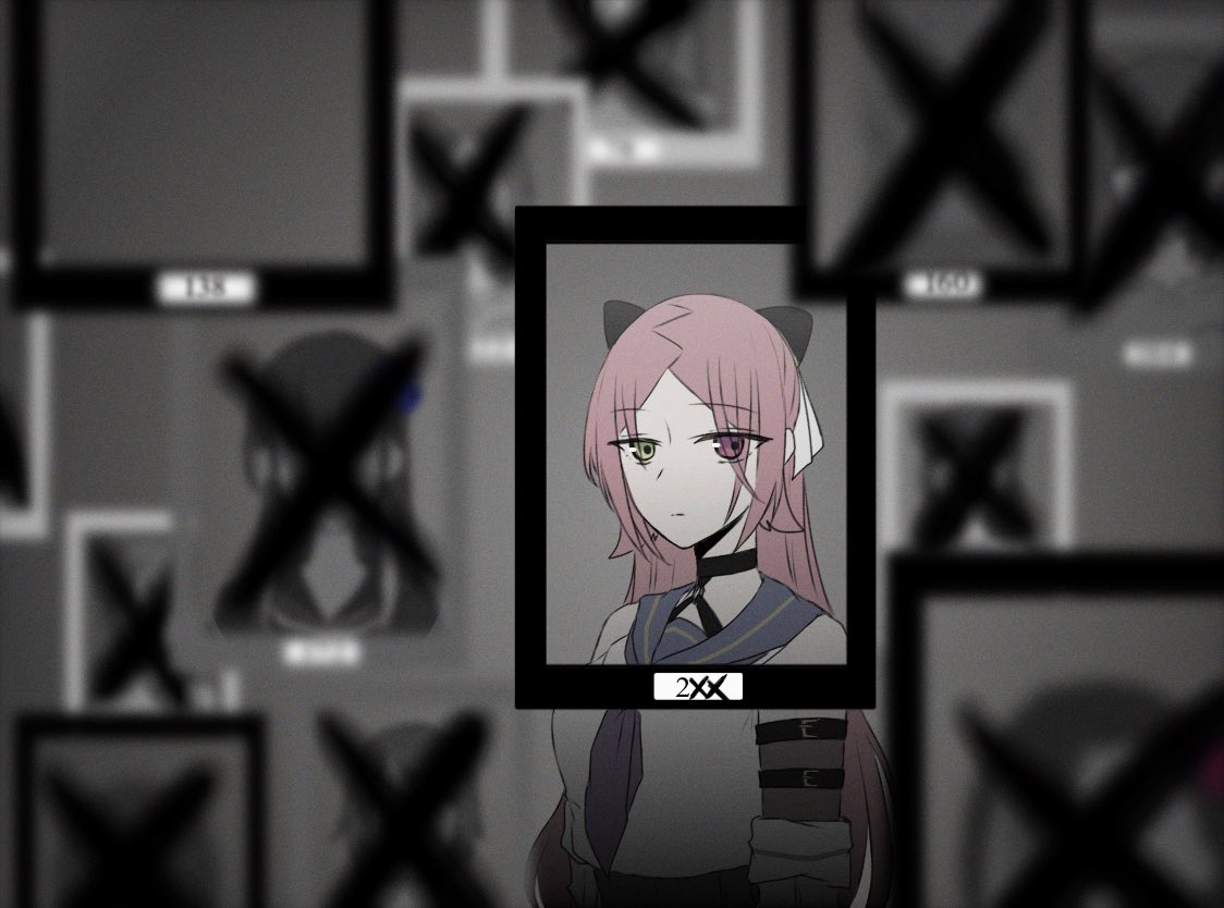 nigari (ngari 0115), shiba tomoshibi, assault lily, 1girl, arm belt, arms at sides, bare shoulders, belt, belt buckle, black belt, black choker, blue sailor collar, blurry, blurry background, buckle, choker, closed mouth, crop top, detached sleeves, empty picture frame, gradient background, green eyes, grey background, hairpods, heterochromia, long hair, long sleeves, looking at viewer, neckerchief, o-ring, o-ring choker, odaiba girls high school uniform, pale color, parted bangs, picture frame, purple neckerchief, red eyes, red hair, sailor collar, school uniform, serafuku, shirt, sleeveless, sleeveless shirt, solo, upper body, white shirt, x mark