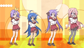hiiragi kagami, hiiragi tsukasa, izumi konata, takara miyuki, lucky star, animated, animated gif, lowres, 00s, 4girls, dancing, multiple girls, school uniform, serafuku, sisters, twins