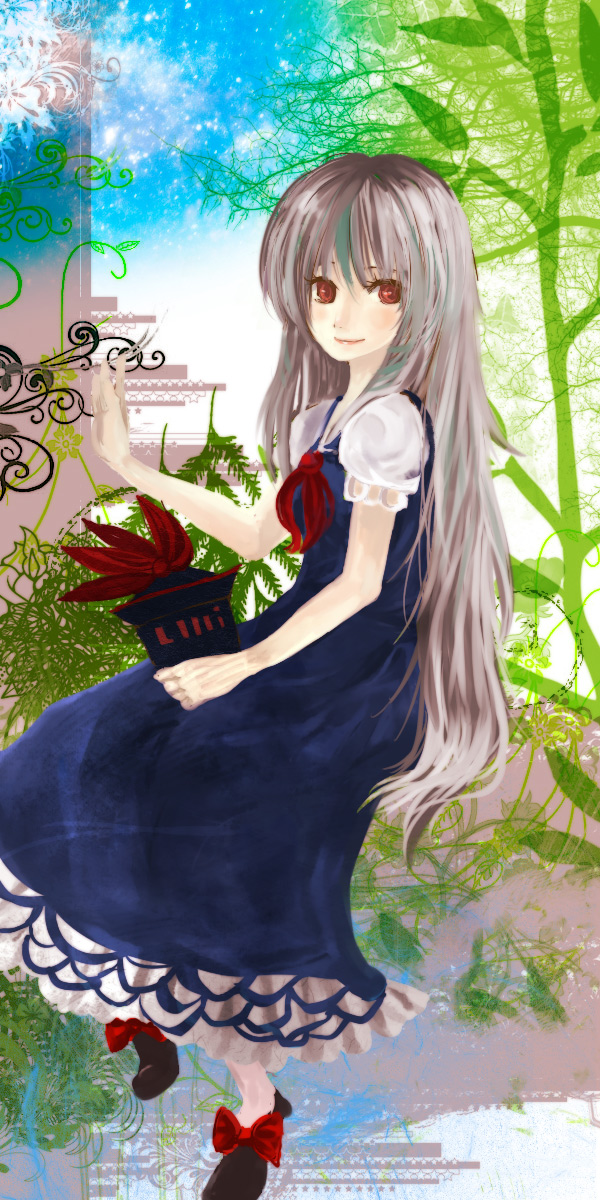 chiri (o9o9), kamishirasawa keine, touhou, bad id, bad pixiv id, highres, 1girl, female focus, hat, long hair, outdoors, plant, ribbon, sitting, sky, solo, tree