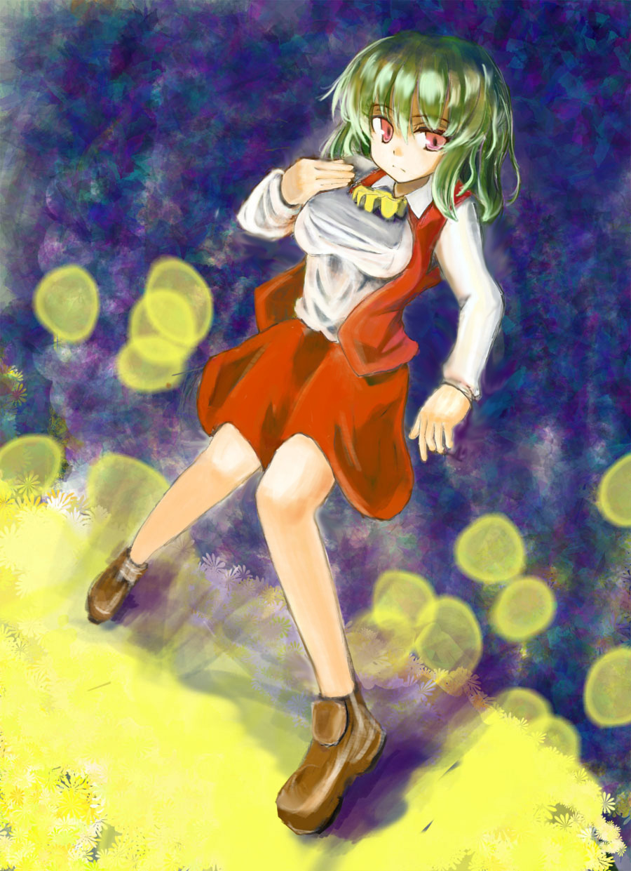 hokamichi, taji (crowview), kazami yuuka, touhou, bad id, bad pixiv id, highres, 1girl, ascot, breasts, female focus, frown, green hair, hand on own chest, knees together feet apart, red eyes, short hair, skirt, skirt set, solo, vest