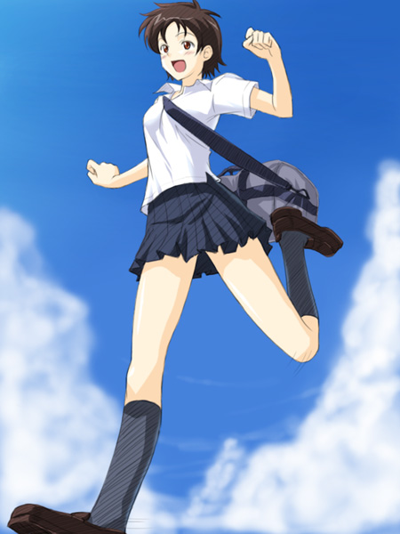 masakichi (crossroad), konno makoto, toki wo kakeru shoujo, bad perspective, 00s, 1girl, :d, bag, between breasts, black skirt, black socks, blue sky, blush, breasts, brown eyes, brown hair, brown shoes, clenched hands, cloud, collared shirt, day, duffel bag, female focus, from below, kneehighs, leg up, loafers, miniskirt, open mouth, outdoors, over shoulder, running, shiny skin, shirt, shoes, short hair, short sleeves, skirt, sky, small breasts, smile, socks, solo, strap between breasts, tareme, white shirt, wing collar