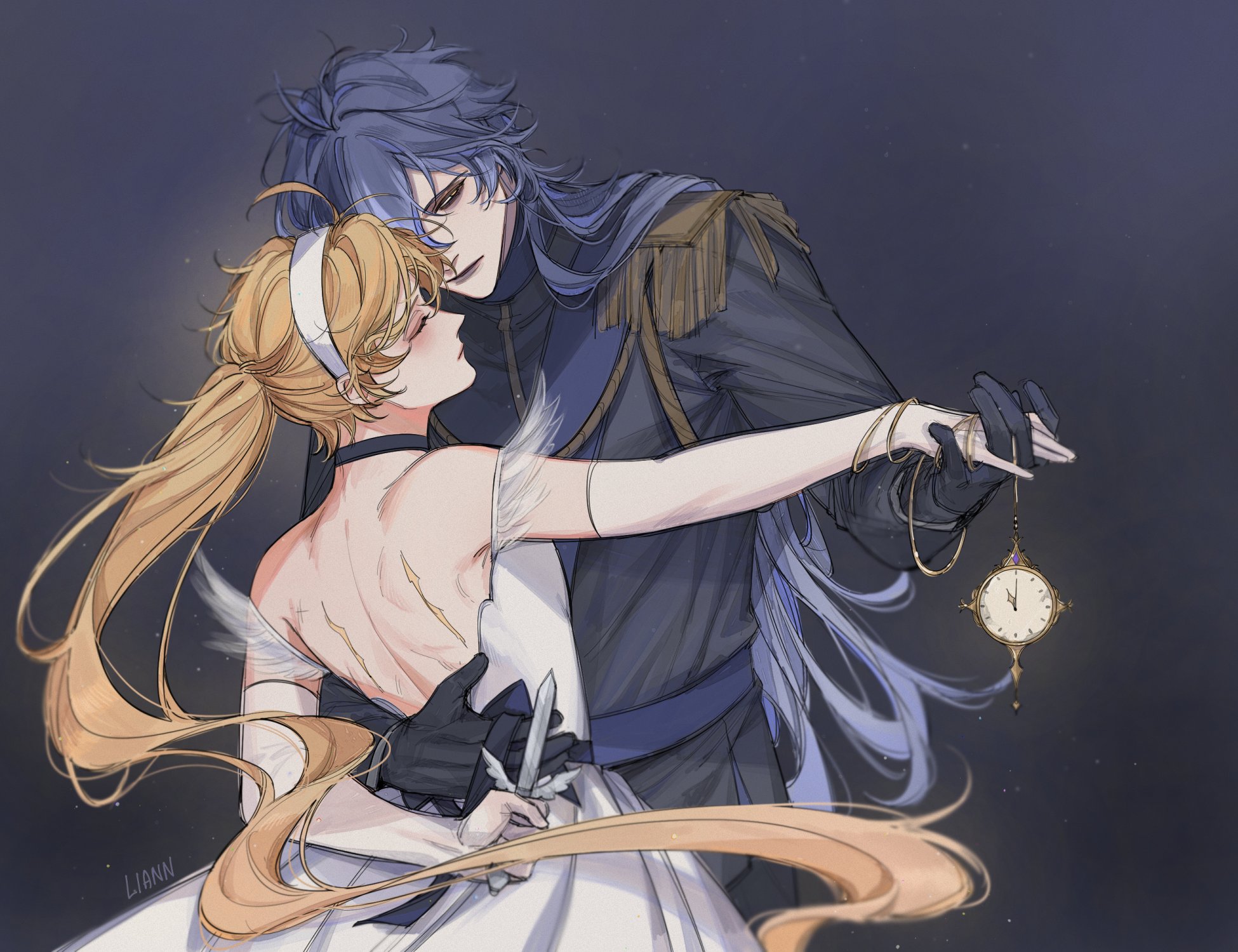 liann1009, aether (genshin impact), flins (genshin impact), genshin impact, commentary, english commentary, highres, 2boys, ahoge, alternate costume, arms behind back, back, bags under eyes, bare back, bare shoulders, black choker, black coat, black gloves, black suit, blonde hair, blue hair, blush, choker, closed eyes, closed mouth, coat, couple, crossdressing, crossdressing (mtf), dagger, dancing, dress, elbow gloves, formal clothes, from behind, from side, girly boy, gloves, gradient hair, hair between eyes, hand on another's back, headband, height difference, high ponytail, holding, holding dagger, holding hands, holding knife, holding weapon, huge ahoge, knife, leaning forward, light particles, long hair, long sleeves, looking to the side, multicolored hair, multiple boys, no pupils, pocket watch, ponytail, shade, simple background, standing, suit, upper body, very long hair, watch, weapon, white dress, white gloves, white headband, yaoi, yellow eyes