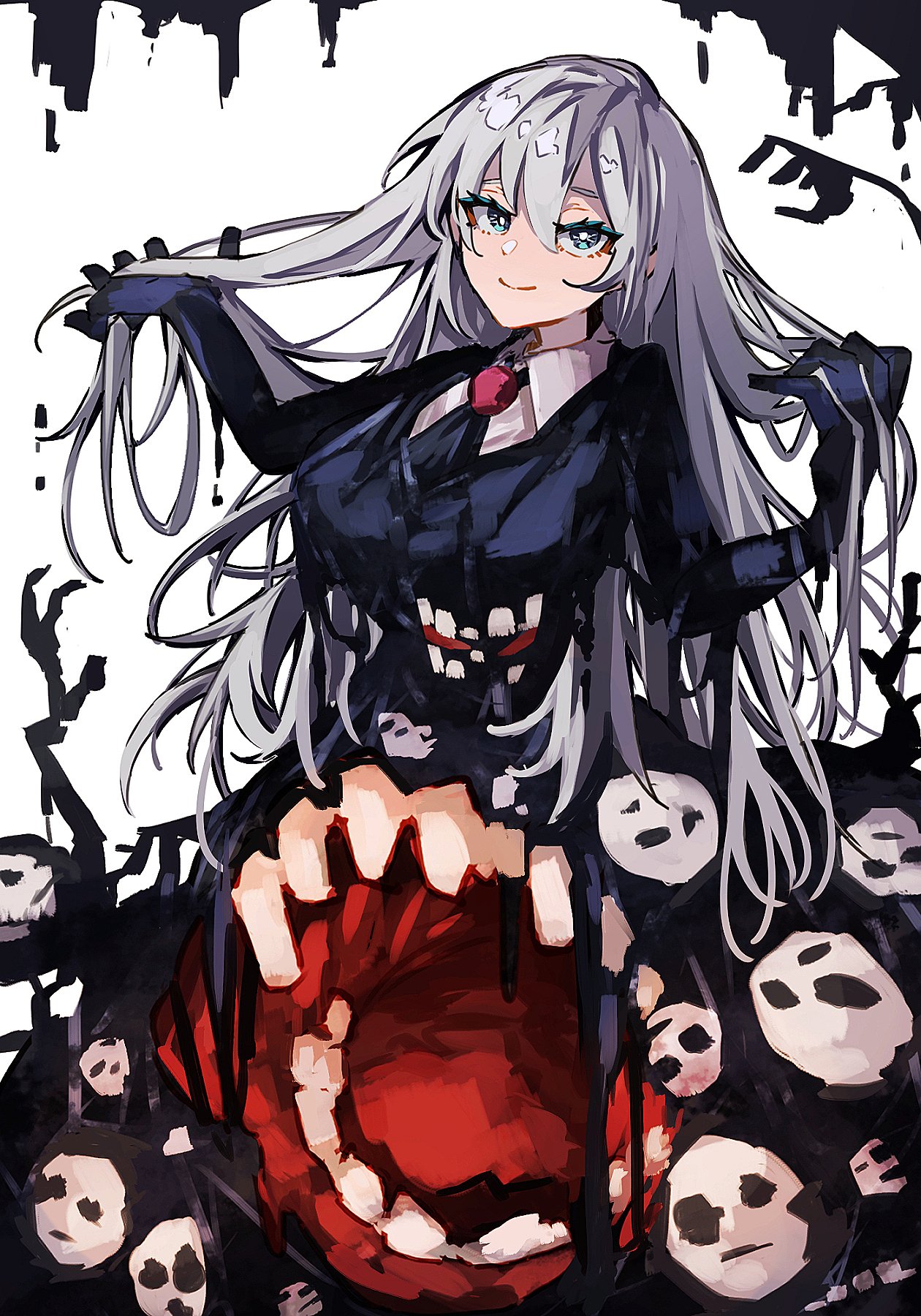 nakame77, angelica (project moon), mountain of smiling bodies, library of ruina, project moon, highres, 1girl, black gloves, black jacket, black necktie, blue eyes, closed mouth, extra mouth, full body, fusion, gem, gloves, jacket, long hair, long sleeves, looking at viewer, monster, multiple faces, necktie, red gemstone, shirt, simple background, solo, standing, white background, white hair, white shirt
