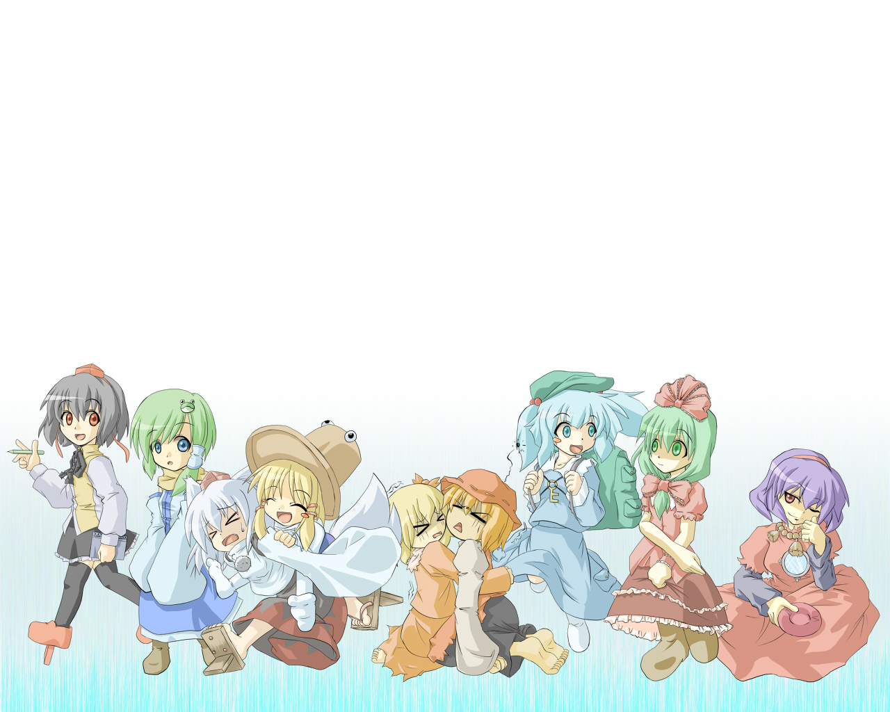 inu wi, aki minoriko, aki shizuha, inubashiri momiji, kagiyama hina, kawashiro nitori, kochiya sanae, moriya suwako, shameimaru aya, yasaka kanako, touhou, 6+girls, animal ears, bag, black hair, blonde hair, blue hair, book, female focus, frog, front ponytail, geta, green hair, hat, japanese clothes, leaf, miko, multiple girls, purple hair, ribbon, smile, snake, tail, tengu-geta, two side up, white hair, wolf ears, wolf tail
