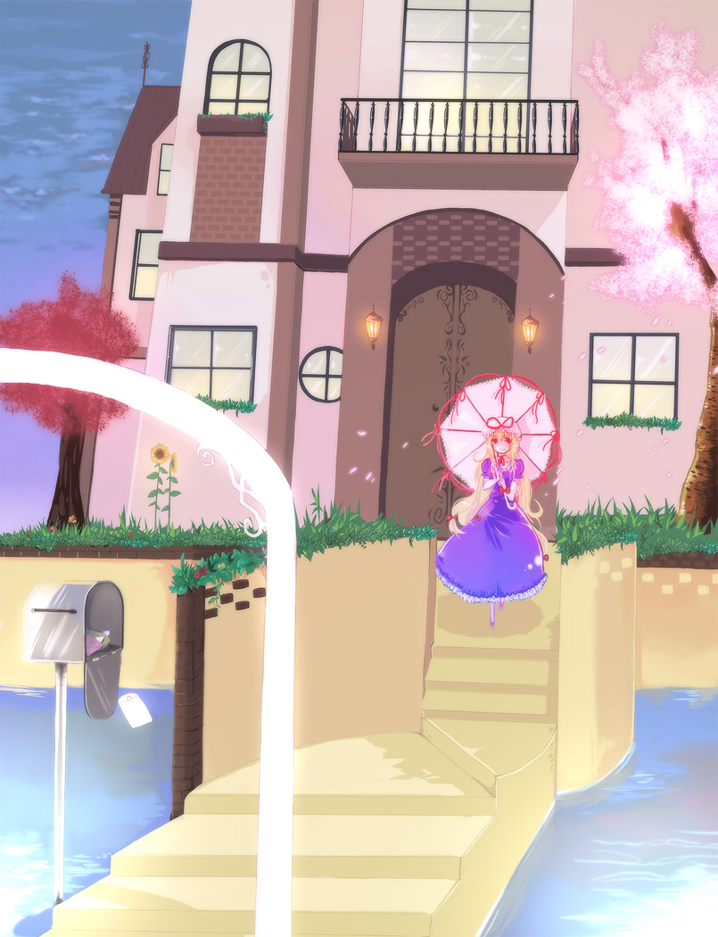 hase neet, ocha, yakumo yukari, touhou, bad id, bad pixiv id, 1girl, blonde hair, female focus, hat, house, long hair, mailbox, parasol, ribbon, solo, stairs, umbrella, water